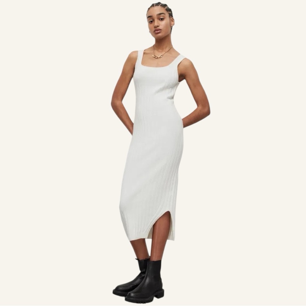 New ALL SAINTS $329 Margot Ribbed Crew Neck Midi Dress Chalk White Cream